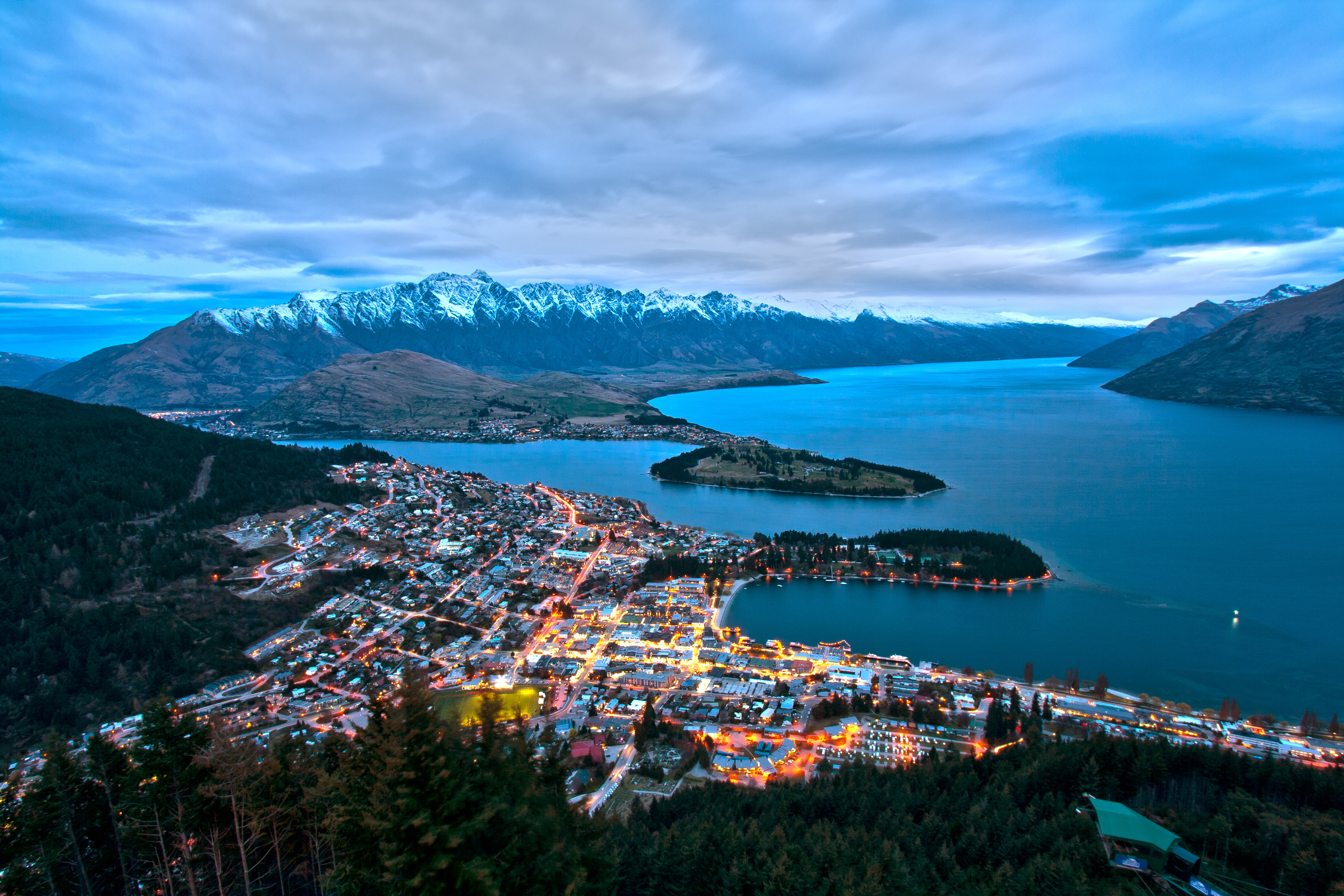Queenstown at dusk, the Remarkables over Lake Wakatipu